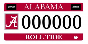 Picture of a licence plate with the box A and Roll Tide