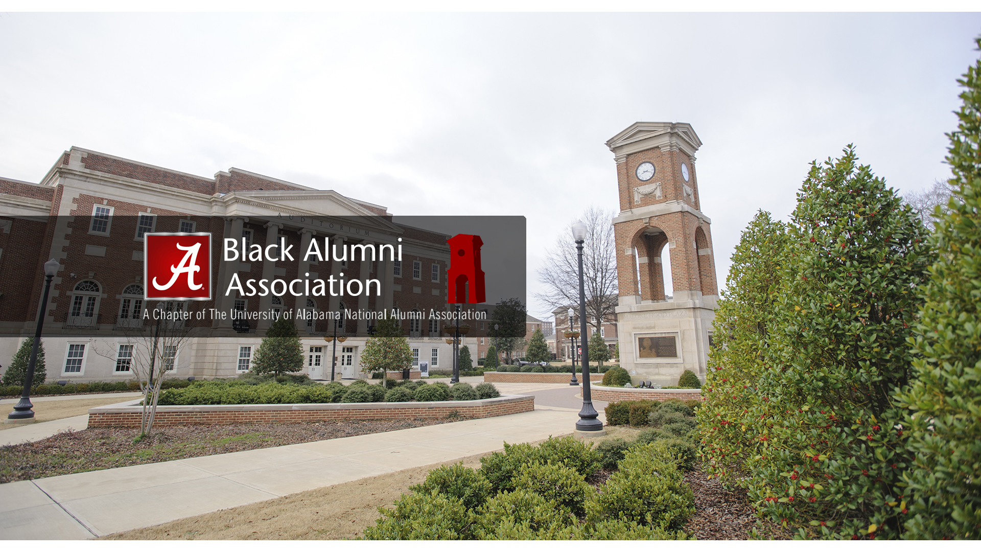 Black Alumni Association over a photo of Fosters Auditorium and Malone Hood Plaza