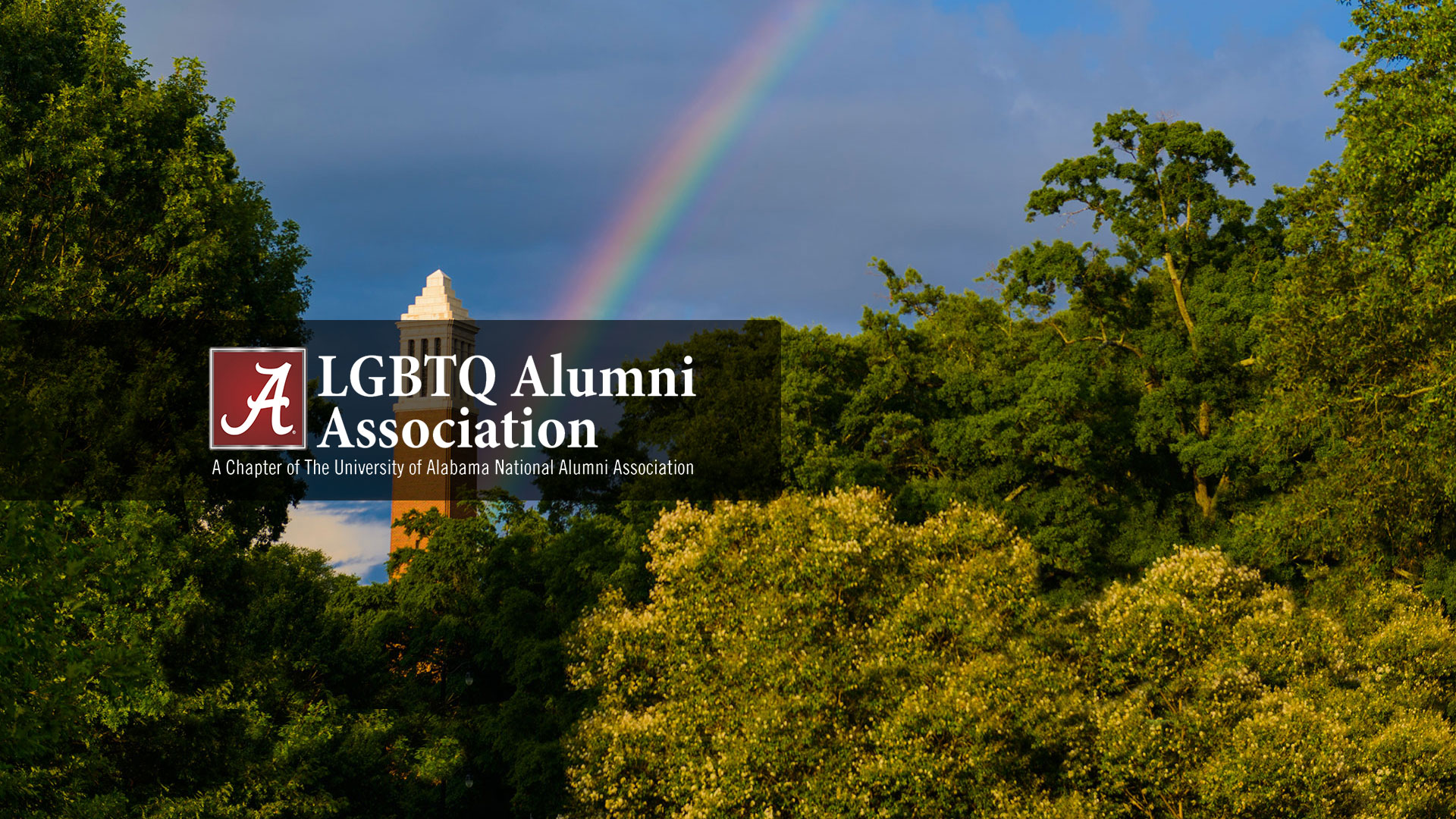 LGBTQ Alumni Association over a photo of a rainbow hitting Denny Chimes