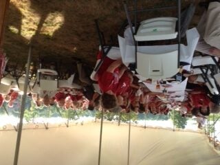 Group of people sitting at table outside under a tent.