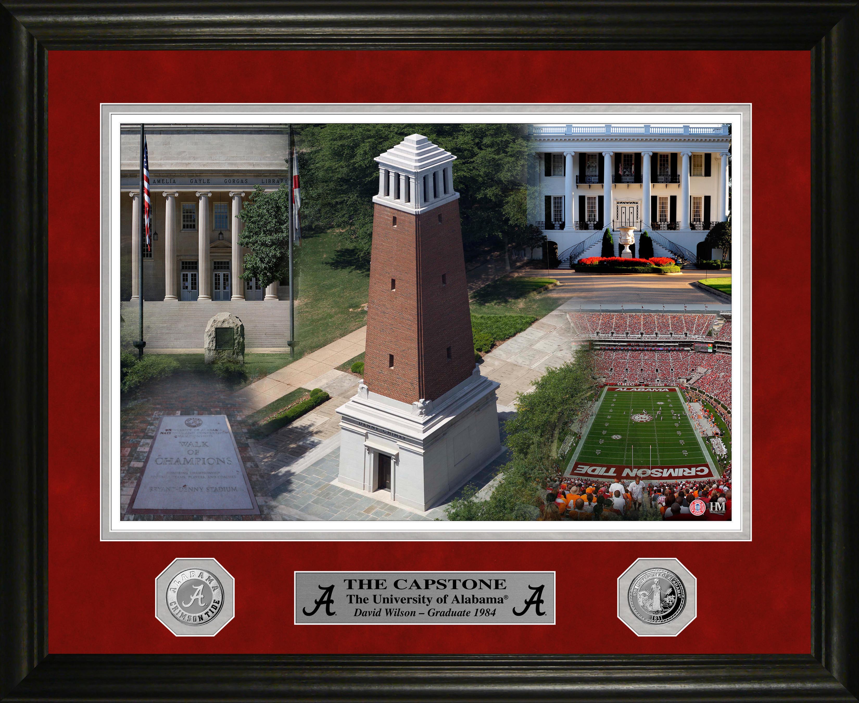 Item: A framed picture of denny chimes, gorgas, and pres mansion with two silver coins