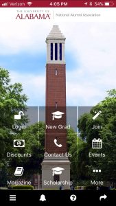 Screen capture of the UA Alumni App on a phone
