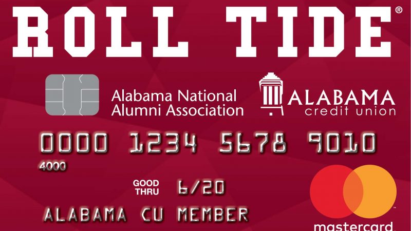 A red credit card with Roll Tide in white above