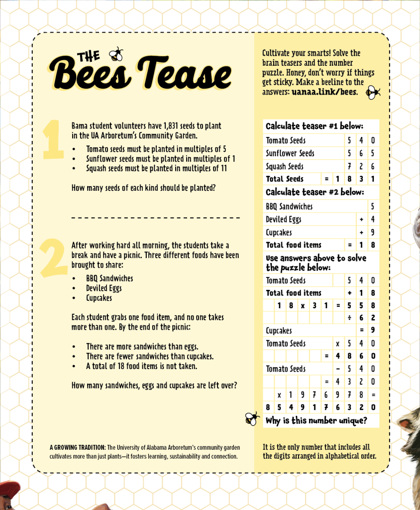 The Bee’s Tease is a logic puzzle focusing on gardening. It is designed with bees and beehive motifs.