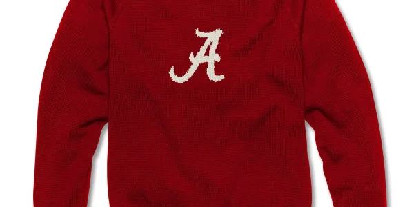 MLahart & Co red University of Alabama sweater featuring the UA script A