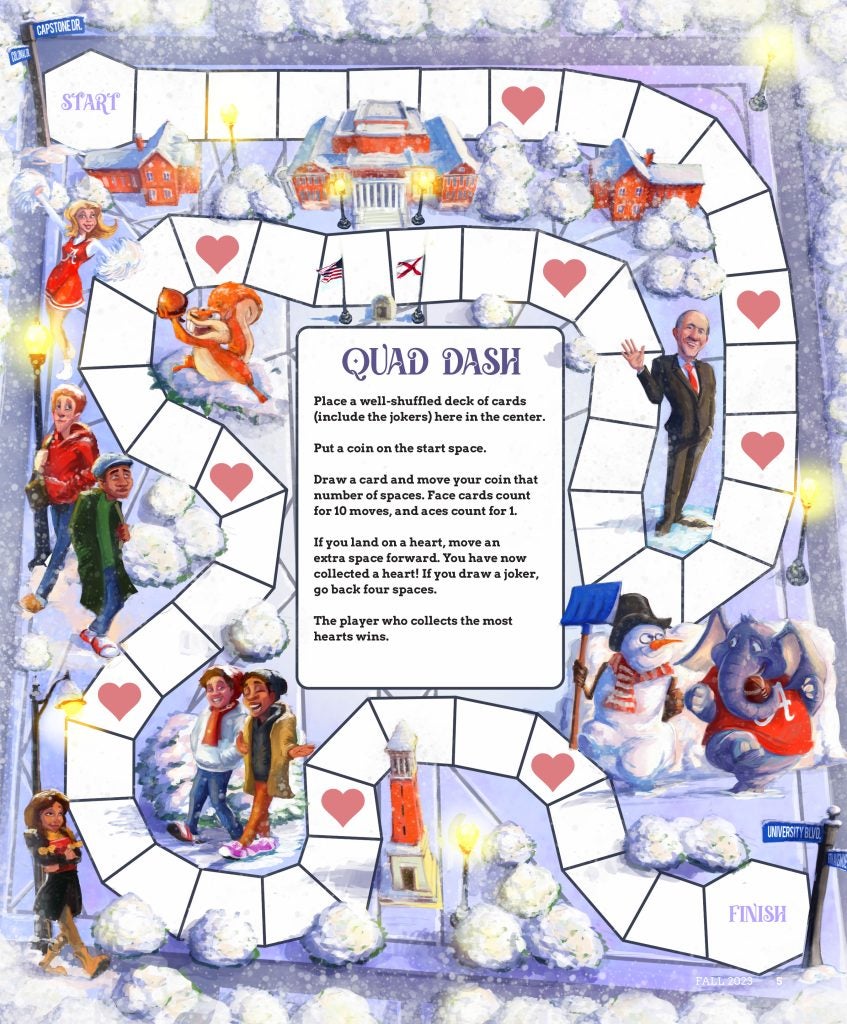Quad Dash is a board game that fits on one page. It features an illustration of The University of Alabama’s Quad, president, mascot, students and a snowman.