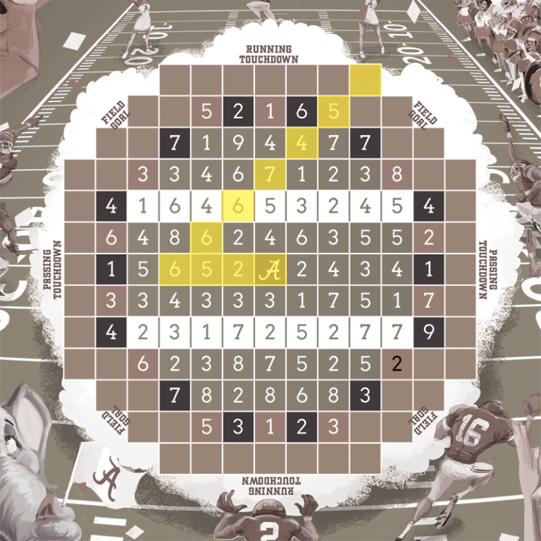 Ring of Fire is a number puzzle where you use the numbers to indicate how many spaces you should move on the board. It is illustrated in a football field featuring Crimson Tide football players.