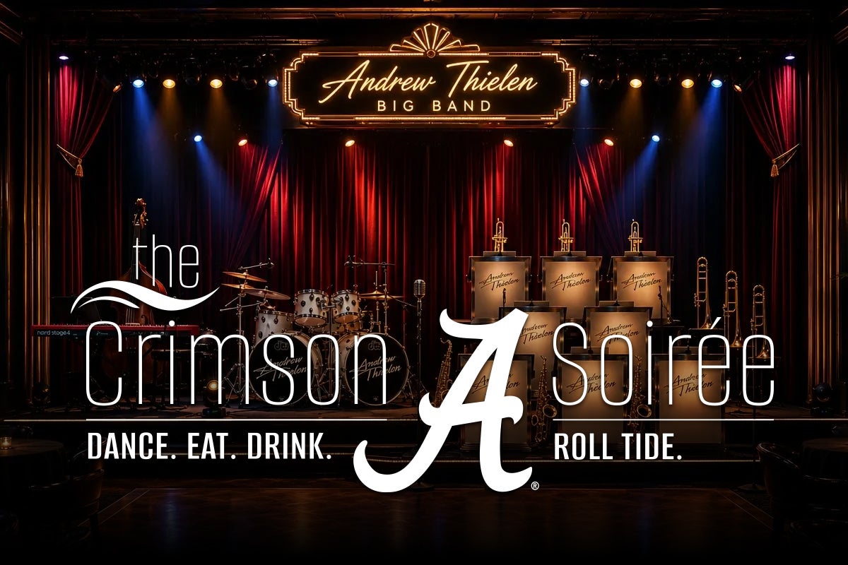 The Crimson Soirée on top of a photo of the Andrew Theilan band on stage